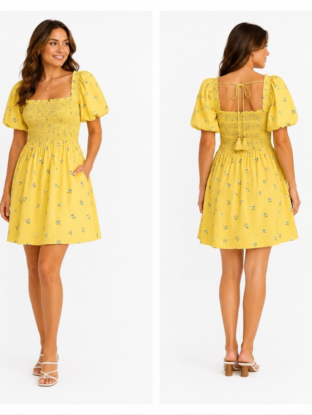 Anthropologie NWOT Yellow Floral Smocked Mini Dress Pockets Size M